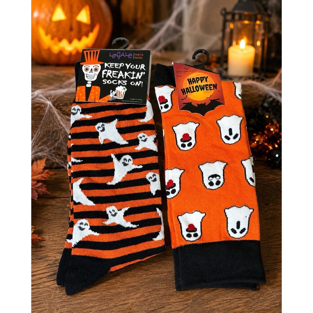 LeGale Happy Halloween Ghost Novelty Socks 2 Pair Orange Black Size 8-12 Unisex